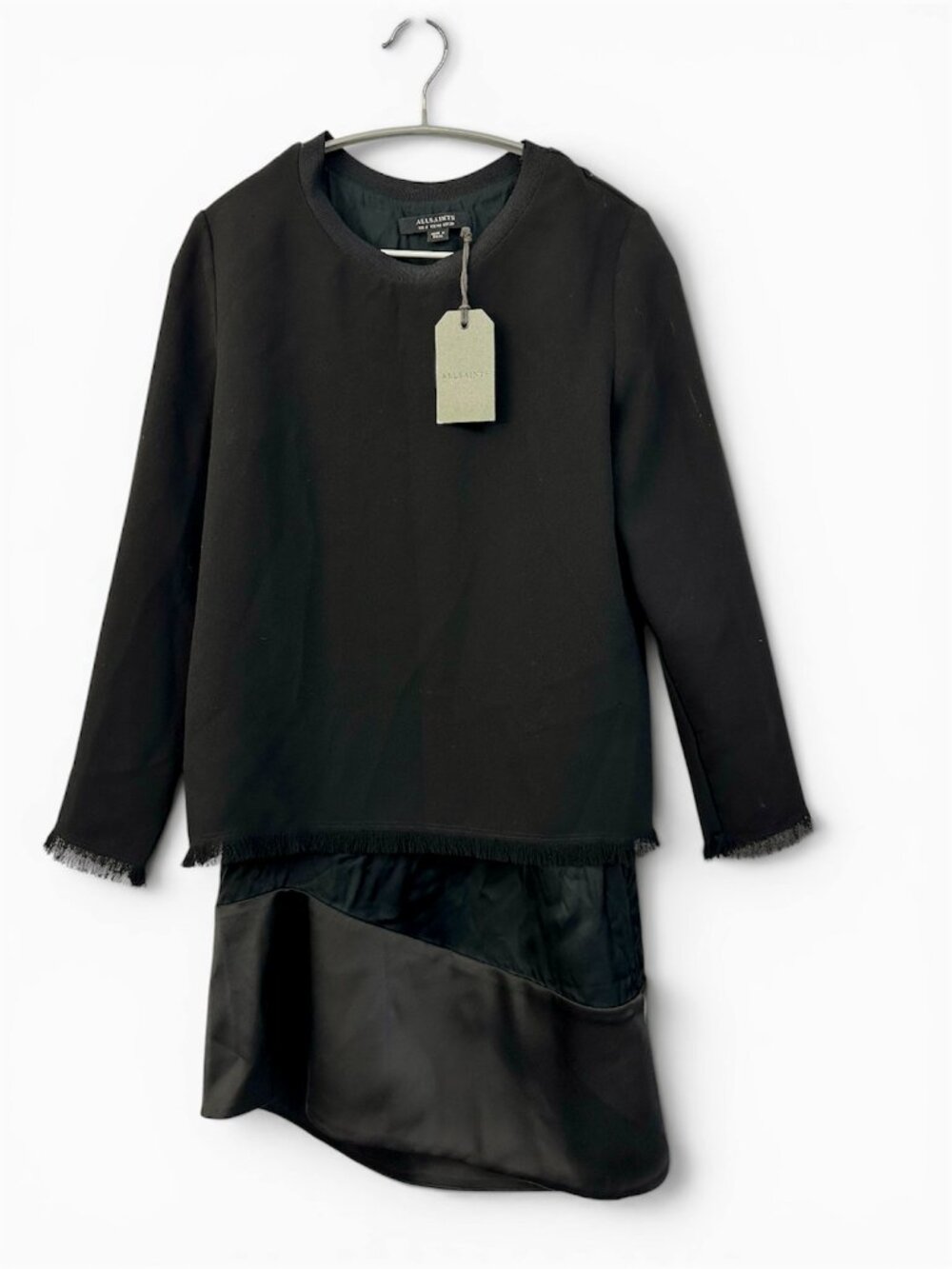 AllSaints Shea Sleeve Asymmetrical Hem Dress XS Black‎ Fray Goth Luxury